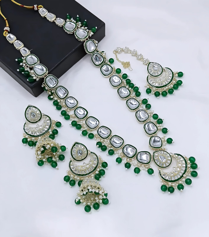 Artisan Sangeet Green Long Kundan Necklace Earring Mangtikka Jewellery Set For Women