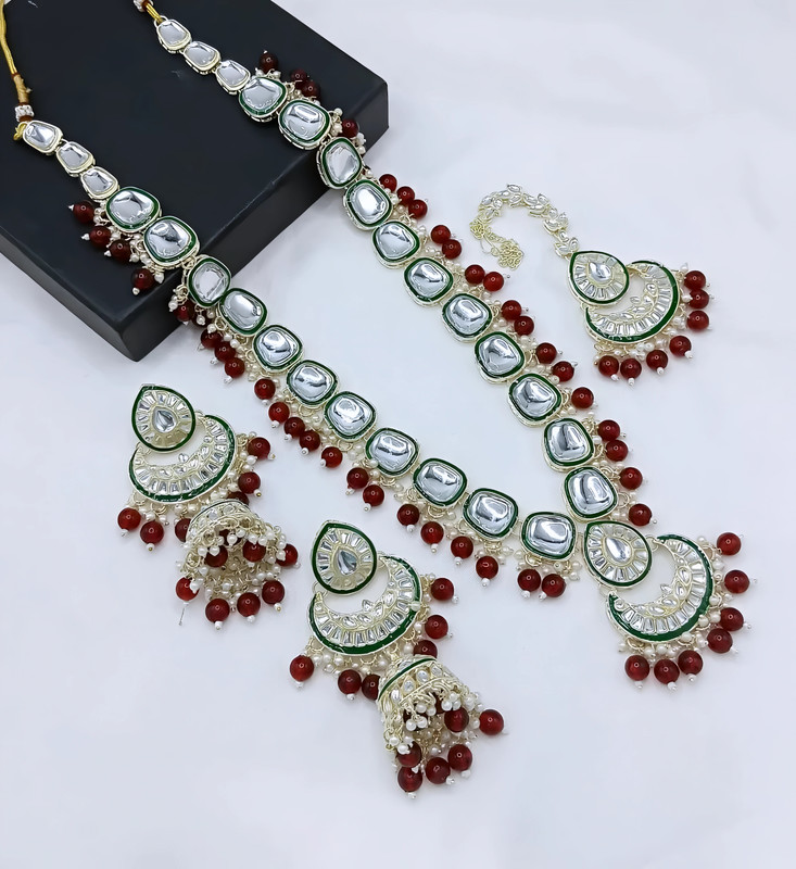 Divine Sangeet Ruby Long Kundan Necklace Earring Mangtikka Jewellery Set For Women