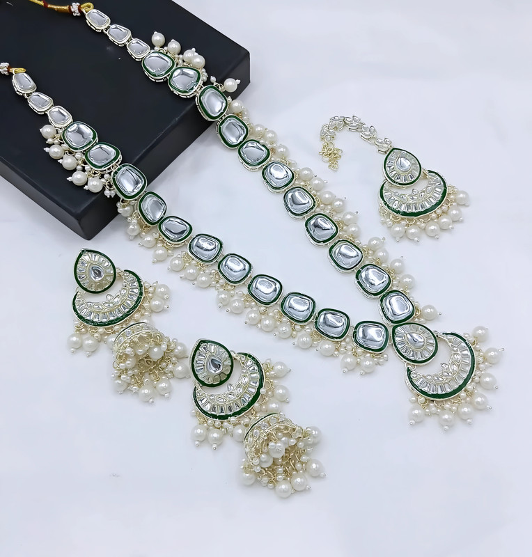 Regal Sangeet White Long Kundan Necklace Earring Mangtikka Jewellery Set For Women