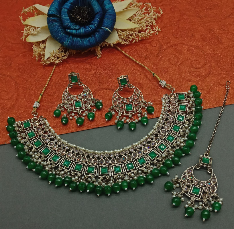 Artisan Cocktail Green Choker Mehndi Polish Kundan Necklace & Earrings Jewellery Set For Women