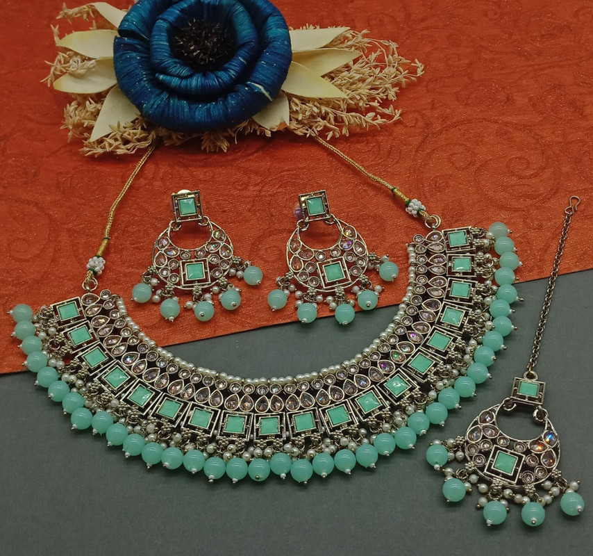 Regal Cocktail Mint Green Choker Mehndi Polish Kundan Necklace & Earrings Jewellery Set For Women