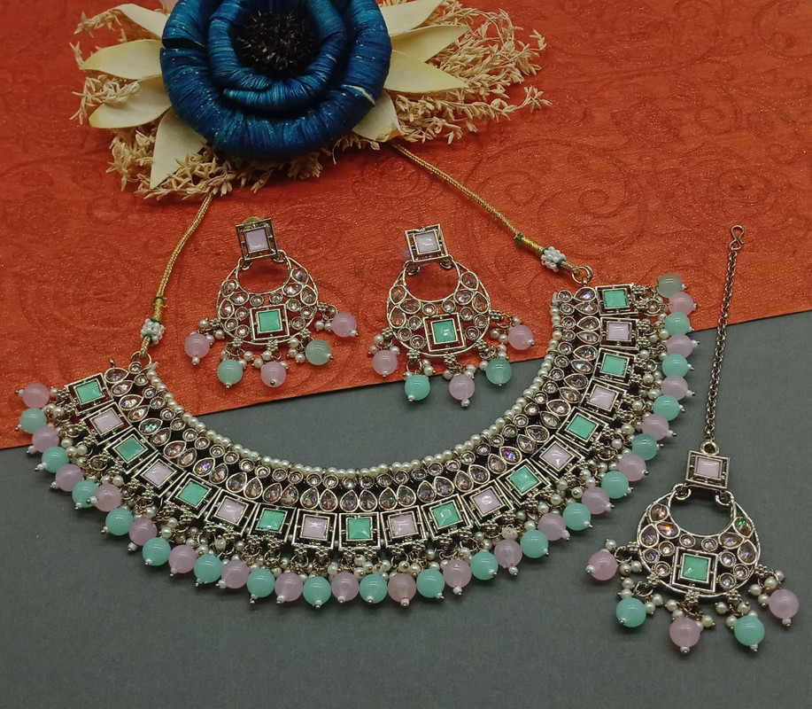 [DMT11 MINT GREEN BABY PINK] DMT11 MINT GREEN BABY PINK Choker Mehndi Polish Kundan Necklace & Earrings Jewellery set for Women