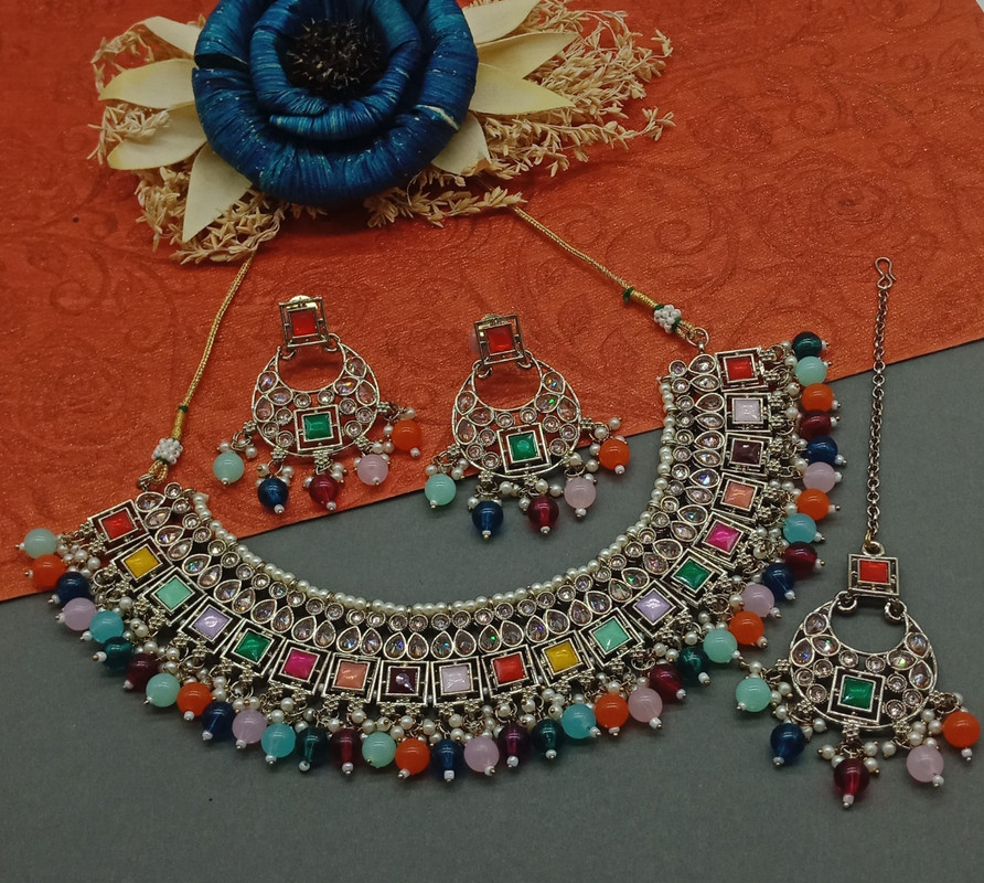 Opulent Cocktail Multi Choker Mehndi Polish Kundan Necklace & Earrings Jewellery Set For Women