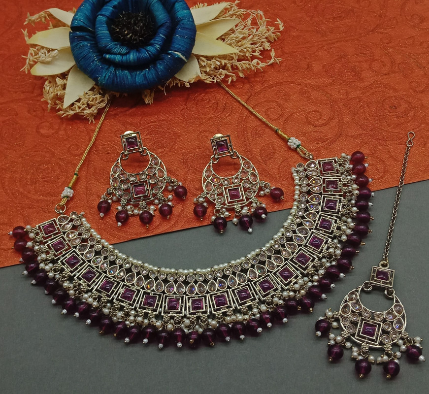 Grand Cocktail Purple Choker Mehndi Polish Kundan Necklace & Earrings Jewellery Set For Women