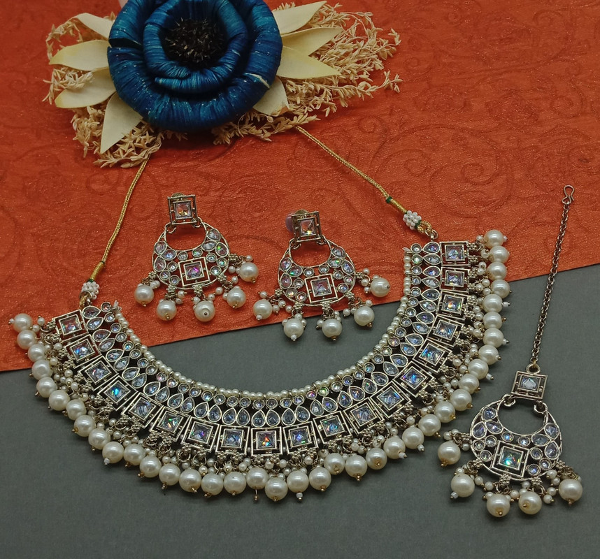 [DMT11 WHITE] DMT11 WHITE Choker Mehndi Polish Kundan Necklace & Earrings Jewellery set for Women