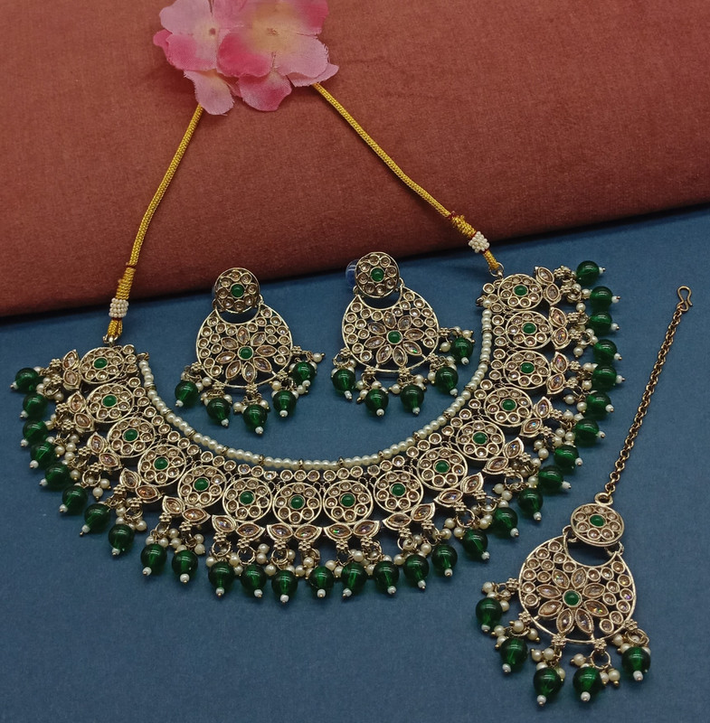 [DMT13 GREEN] DMT13 GREEN Choker Mehndi Polish Kundan Necklace & Earrings Jewellery set for Women