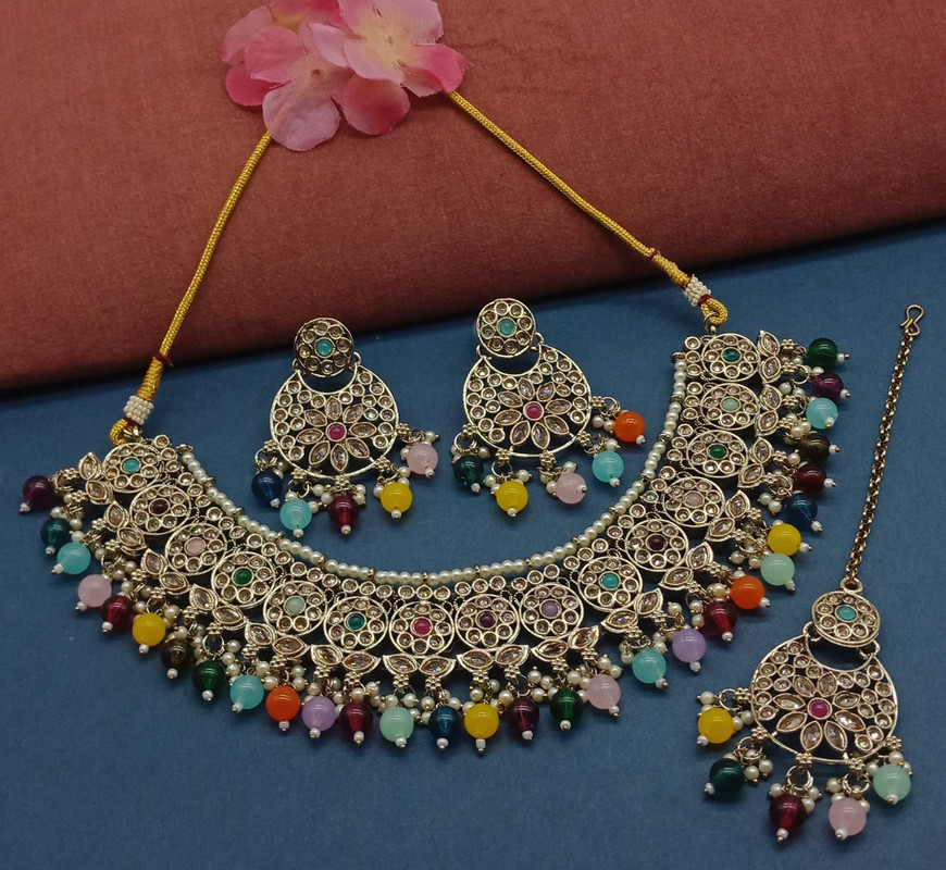 Enchanting Cocktail Multi Choker Mehndi Polish Kundan Necklace & Earrings Jewellery Set For Women