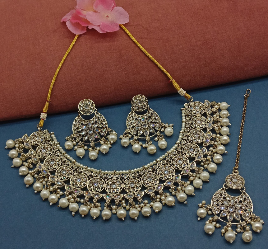 [DMT13 WHITE] DMT13 WHITE Choker Mehndi Polish Kundan Necklace & Earrings Jewellery set for Women