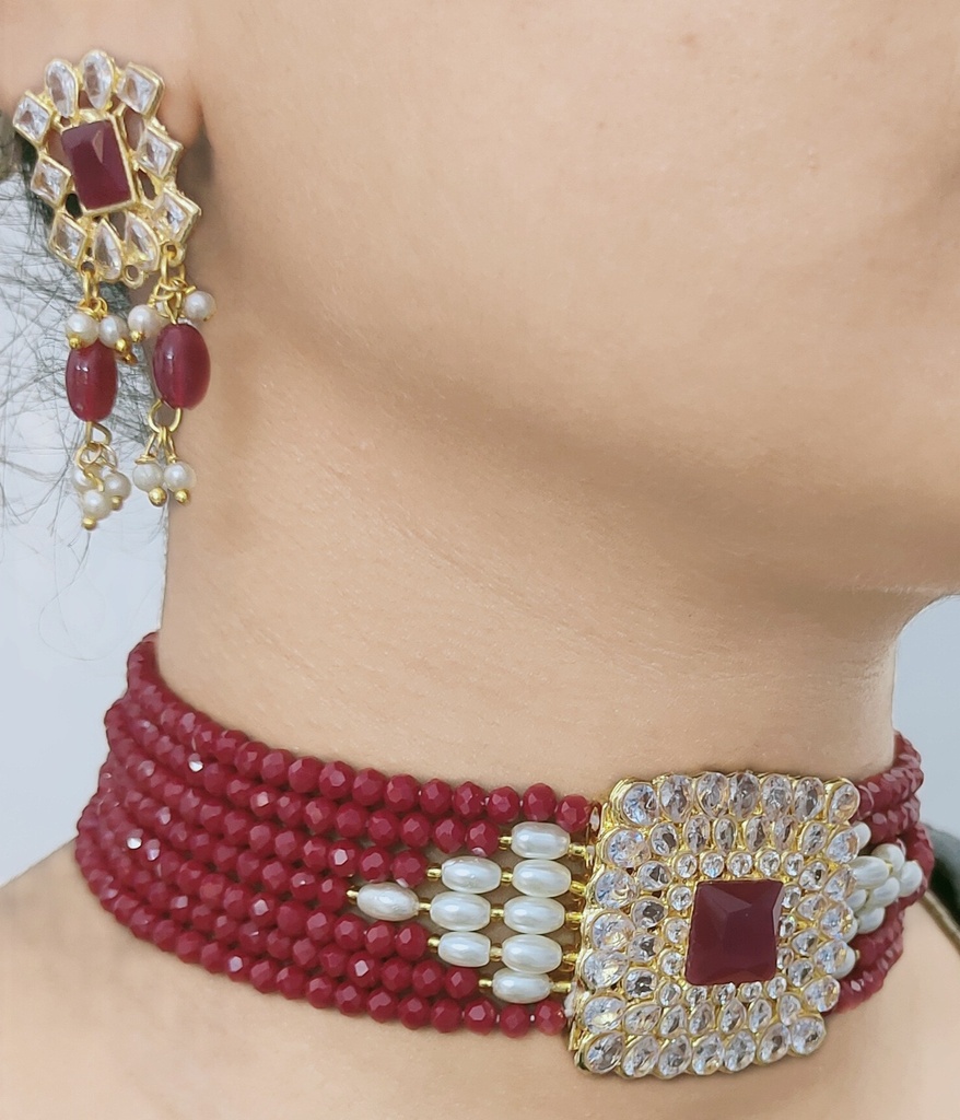 NS43 RED Kundan Necklace Earring Jewellery Set