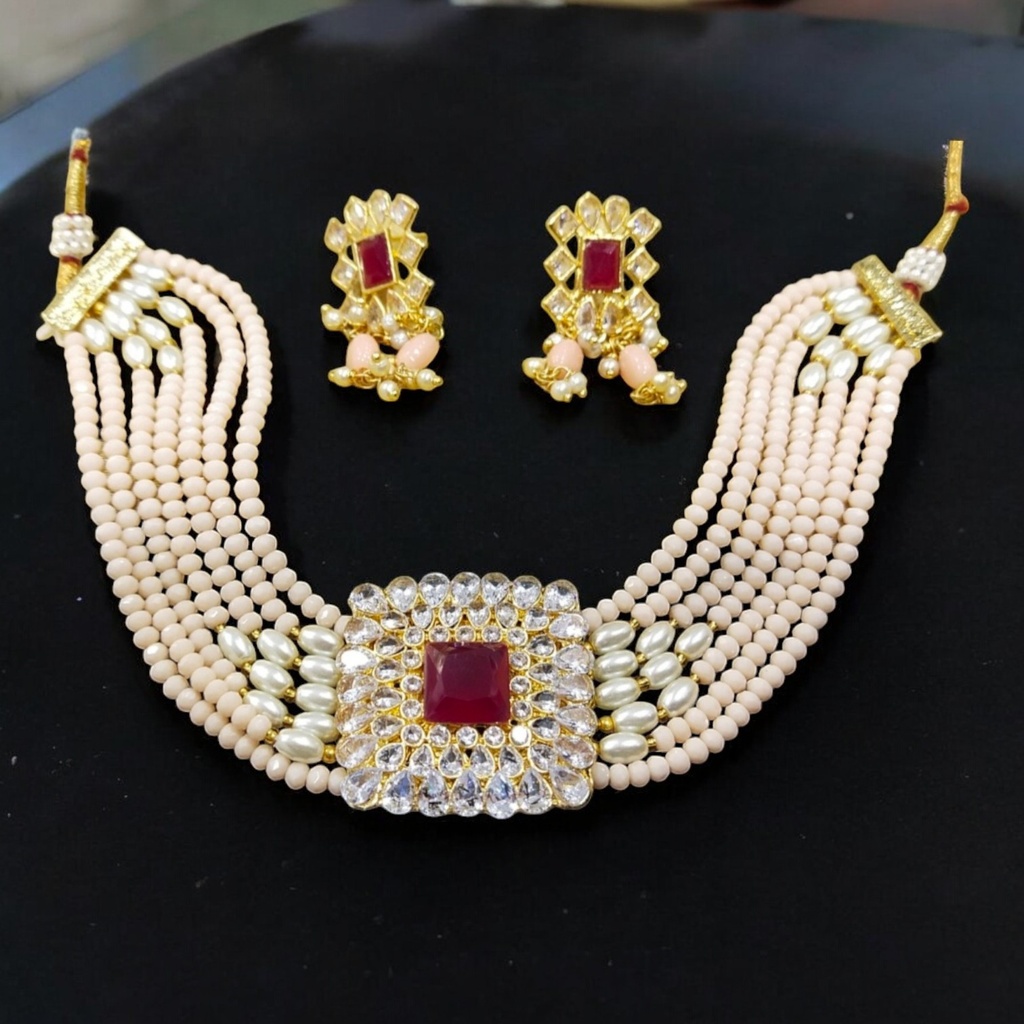 NS43 PEACH Kundan Necklace Earring Jewellery Set