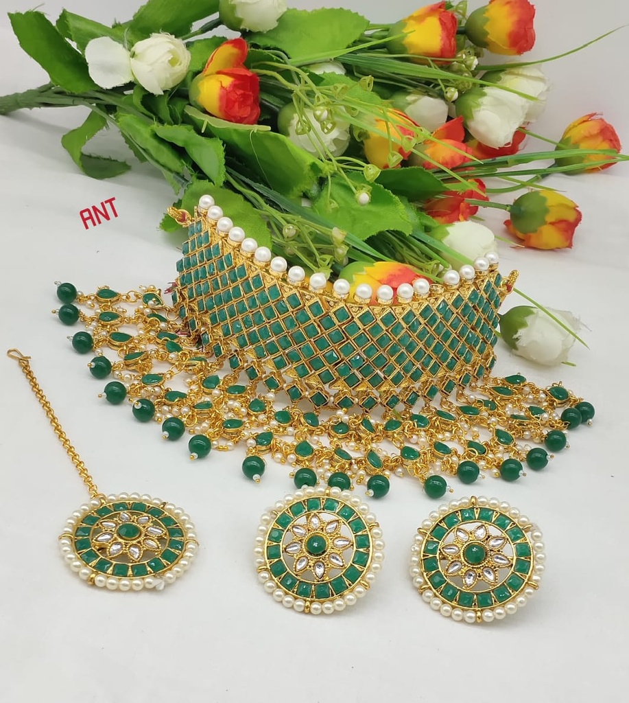 NS63 GREEN Kundan Necklace Earring Jewellery Set