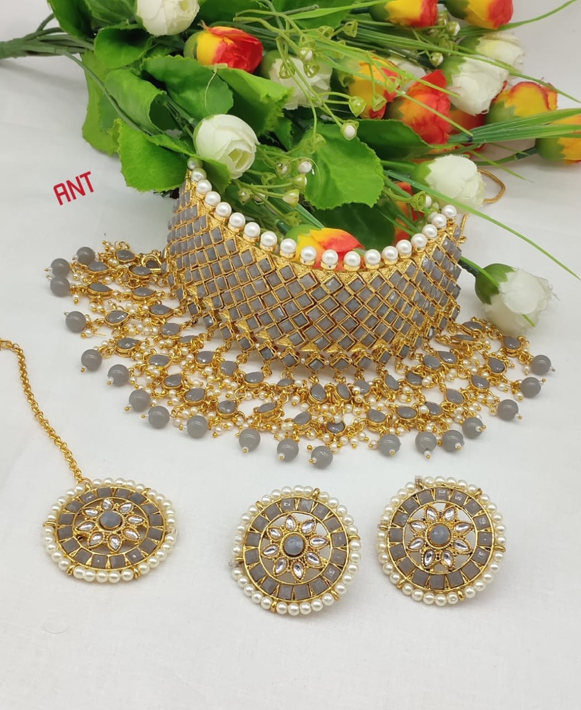 NS63 GREY Kundan Necklace Earring Jewellery Set