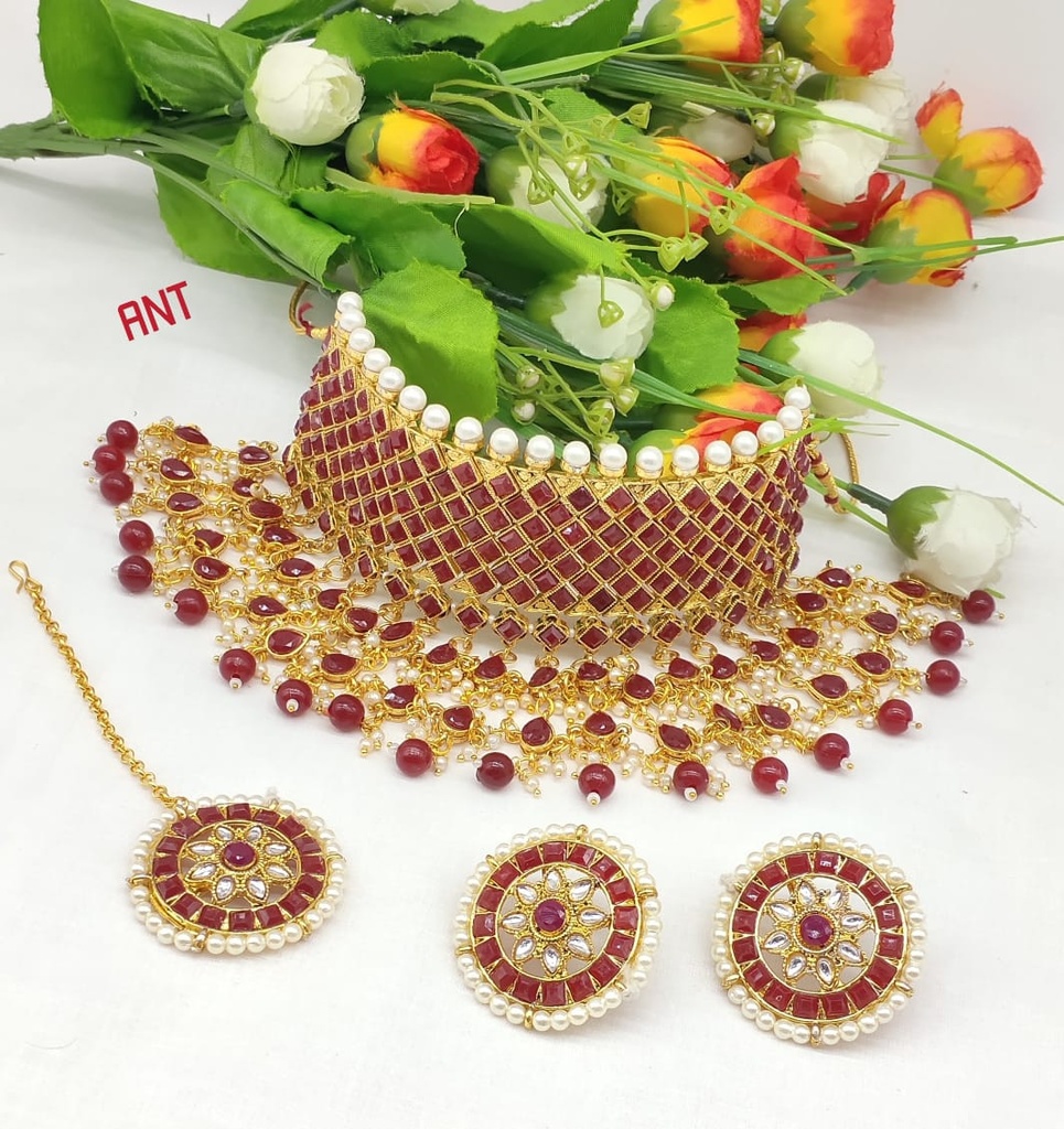 NS63 MAROON Kundan Necklace Earring Jewellery Set