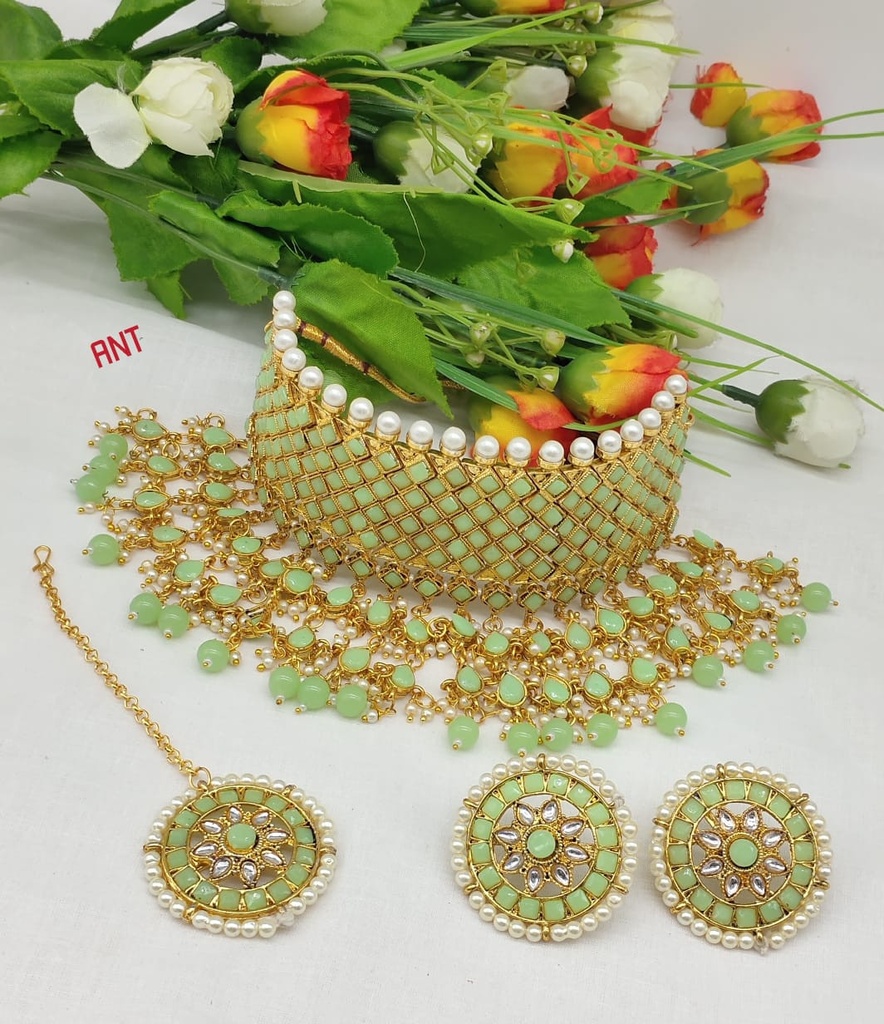 NS63 MINT GREEN Kundan Necklace Earring Jewellery Set