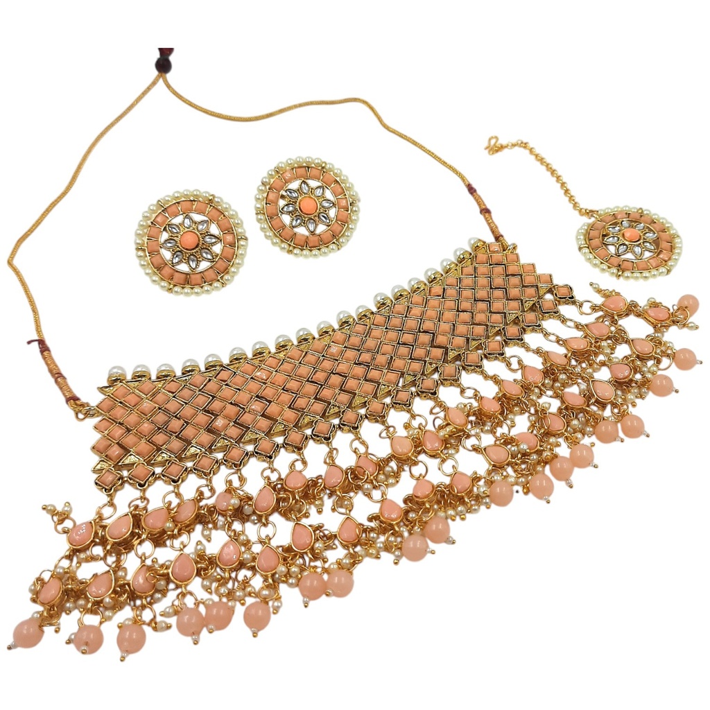 NS63 PEACH Kundan Necklace Earring Jewellery Set