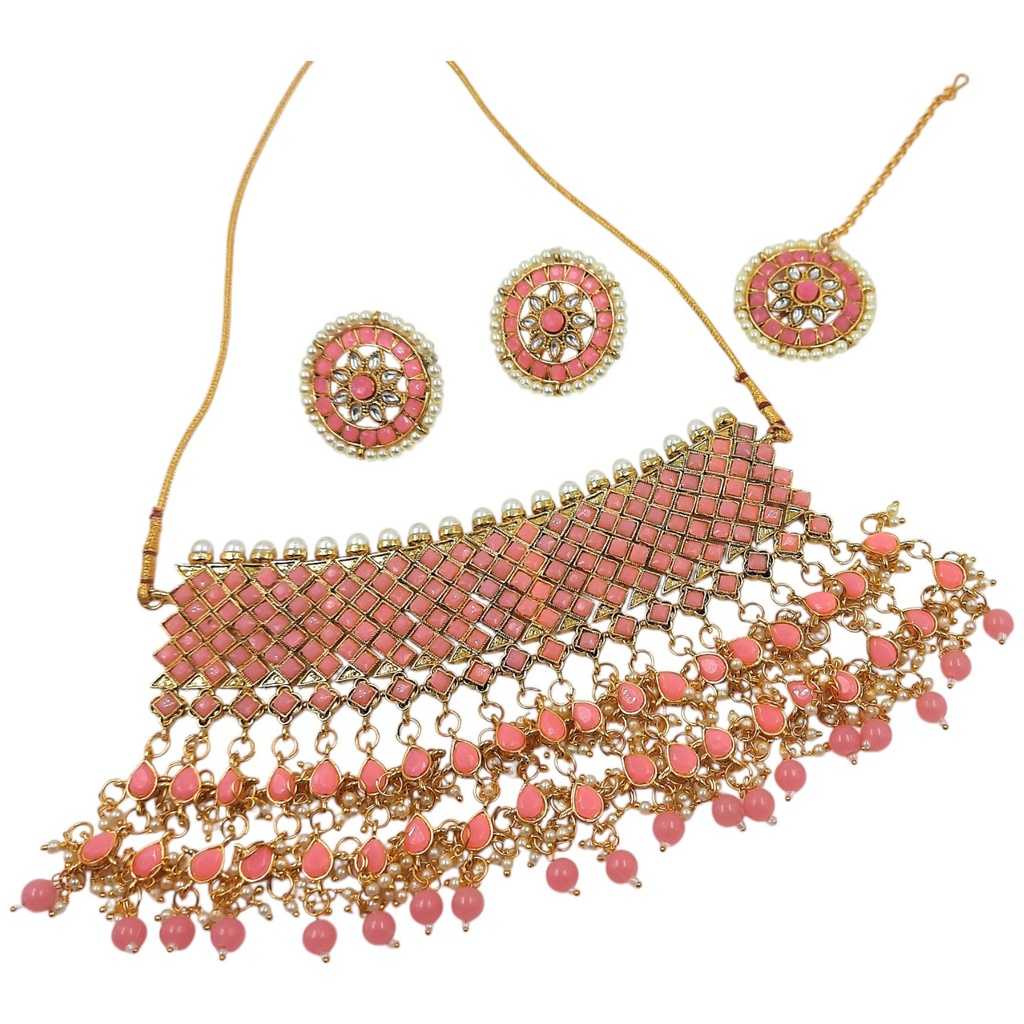 [NS63 PINK] Glamorous Boutique Ns63 Pink Kundan Necklace Earring Jewellery Set
