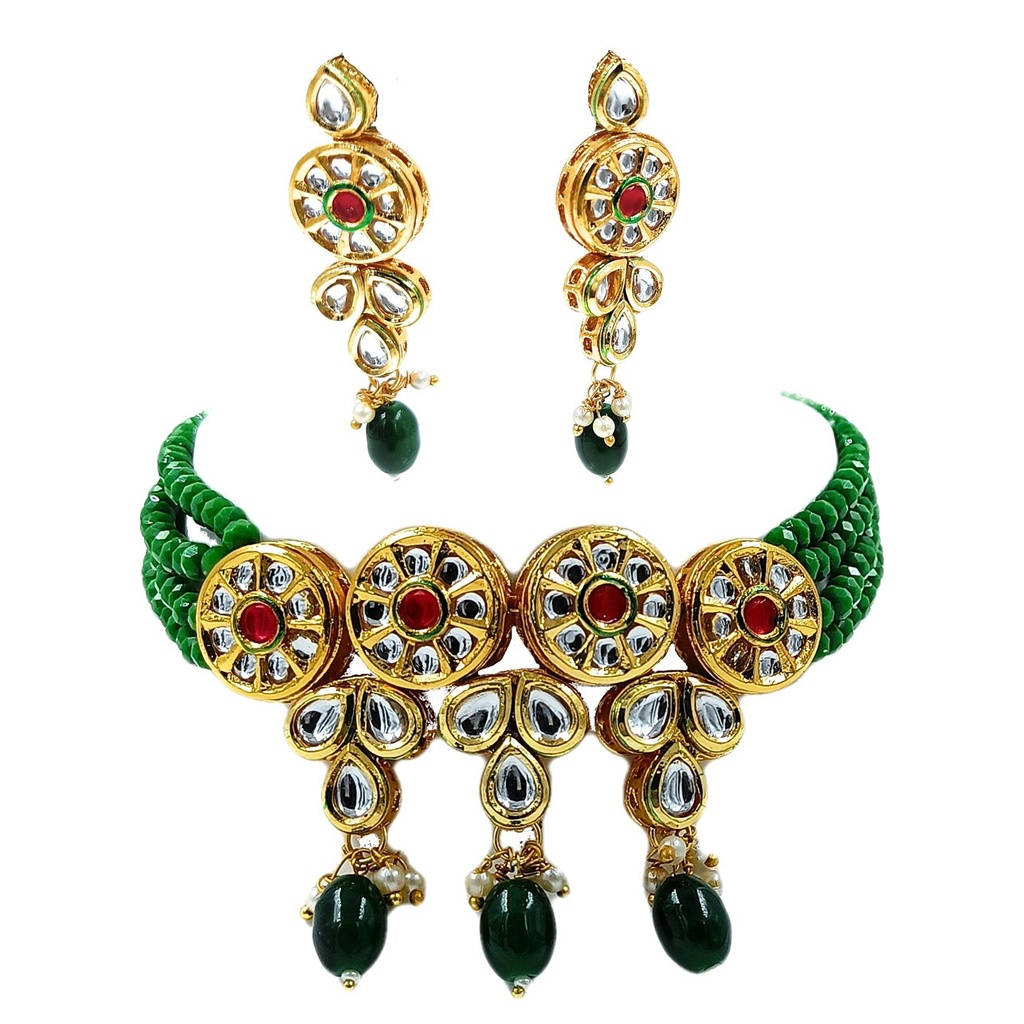 NS320 GREEN Kundan Necklace Earring Jewellery Set