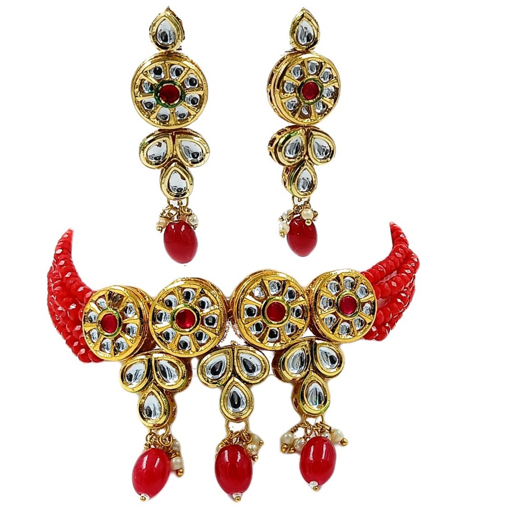 NS320 RED Kundan Necklace Earring Jewellery Set