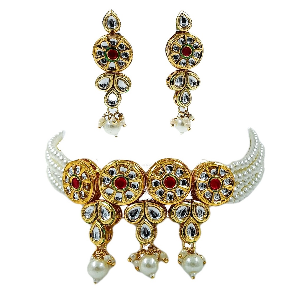 Glamorous Heritage Ns320 White Kundan Necklace Earring Jewellery Set