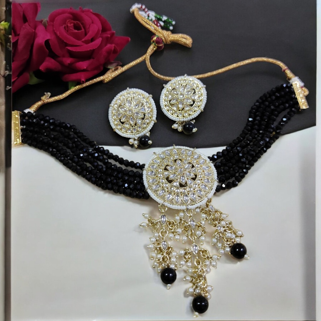 NS46 BLACK Kundan Necklace Earring Jewellery Set