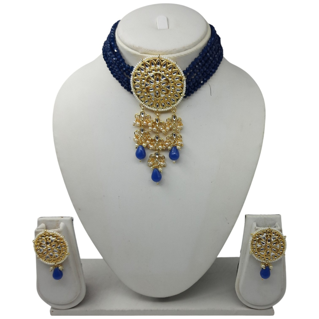 NS46 BLUE Kundan Necklace Earring Jewellery Set