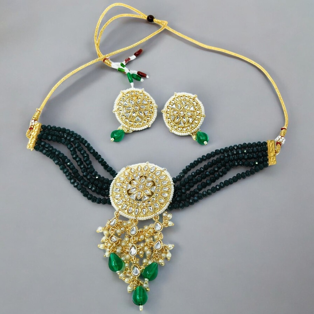 [NS46 GREEN] Lustrous Heritage Ns46 Green Kundan Necklace Earring Jewellery Set