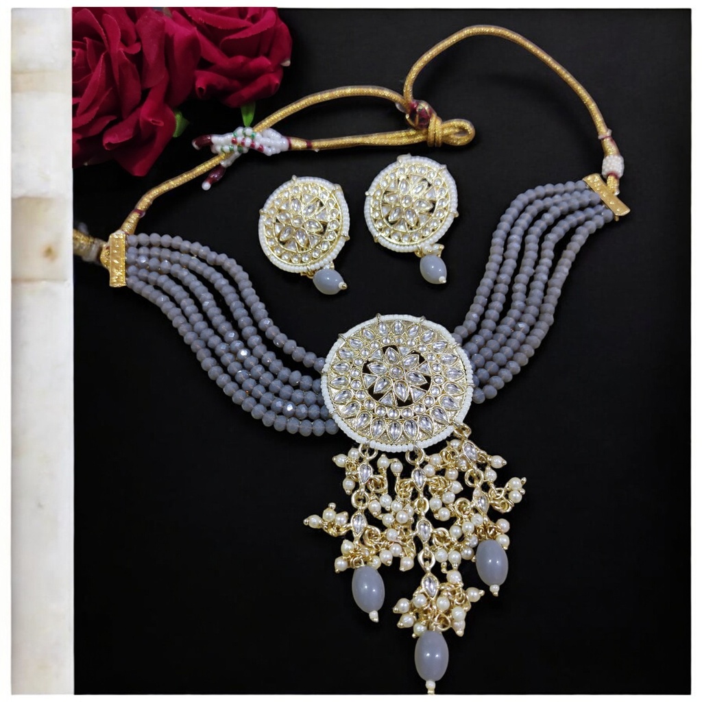 Vibrant Heritage Ns46 Grey Kundan Necklace Earring Jewellery Set