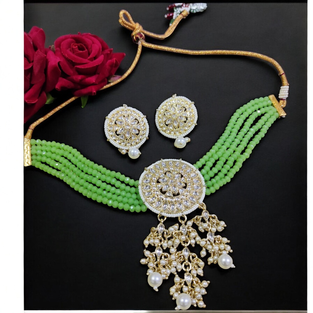 NS46 MINT GREEN Kundan Necklace Earring Jewellery Set
