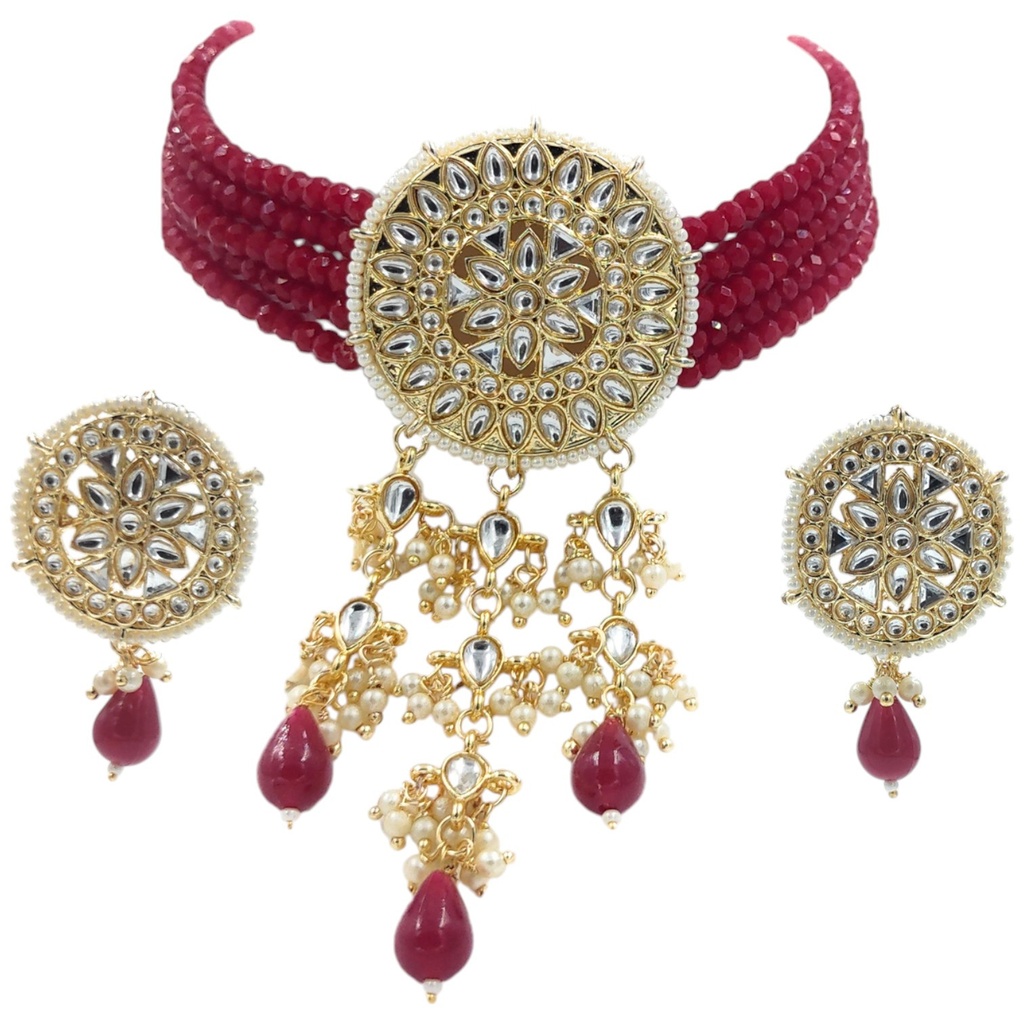 Traditional Cultural Ns46 Red Kundan Necklace Earring Jewellery Set