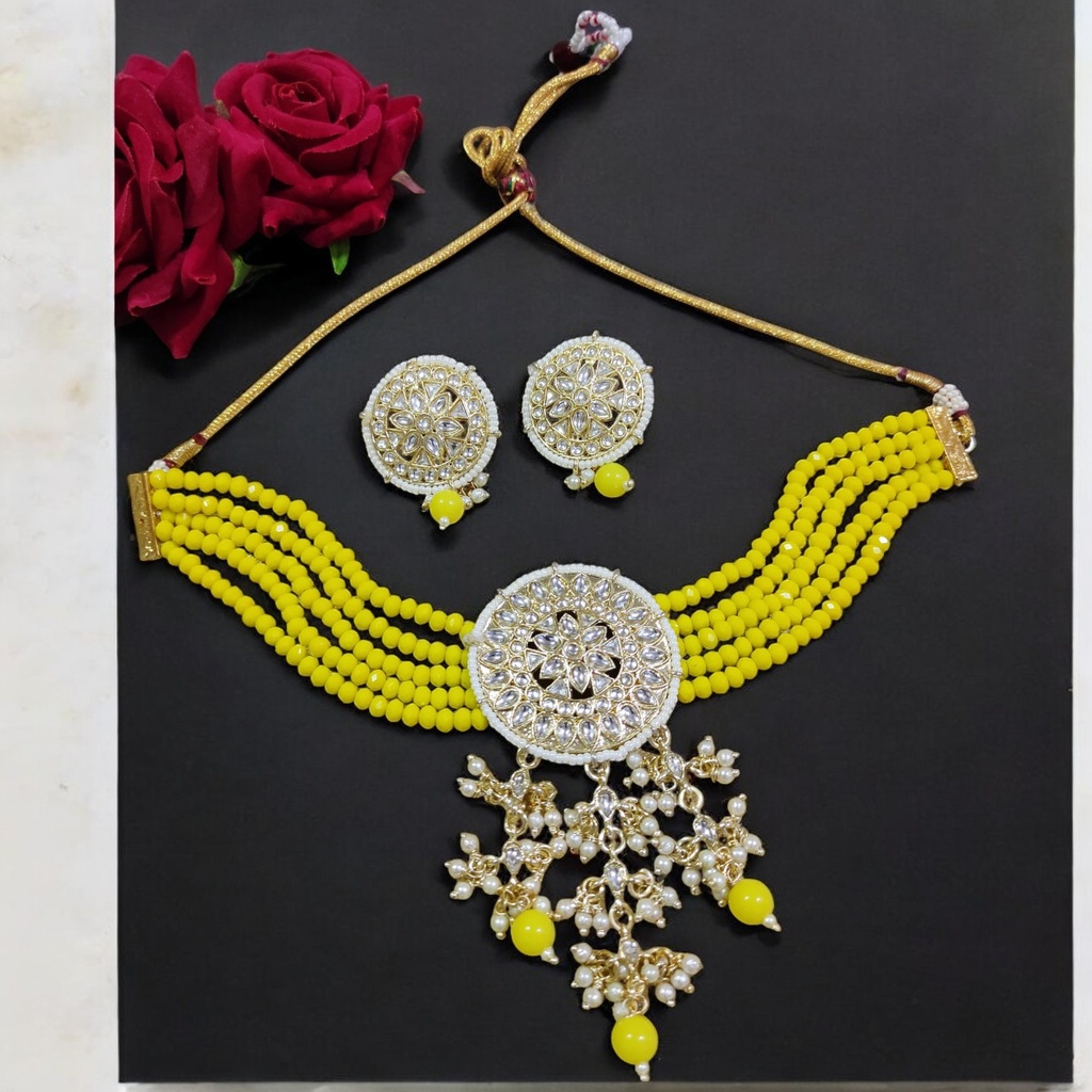 Chic Cultural Ns46 Yellow Kundan Necklace Earring Jewellery Set