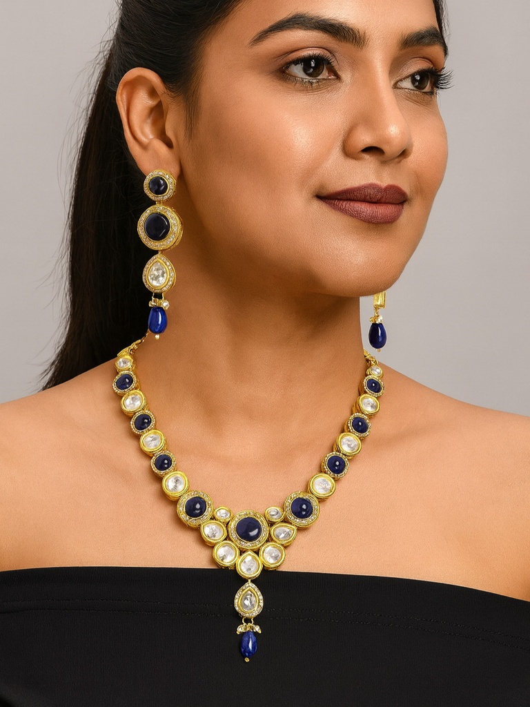 NS676 BLUE Kundan Necklace Earring Jewellery Set