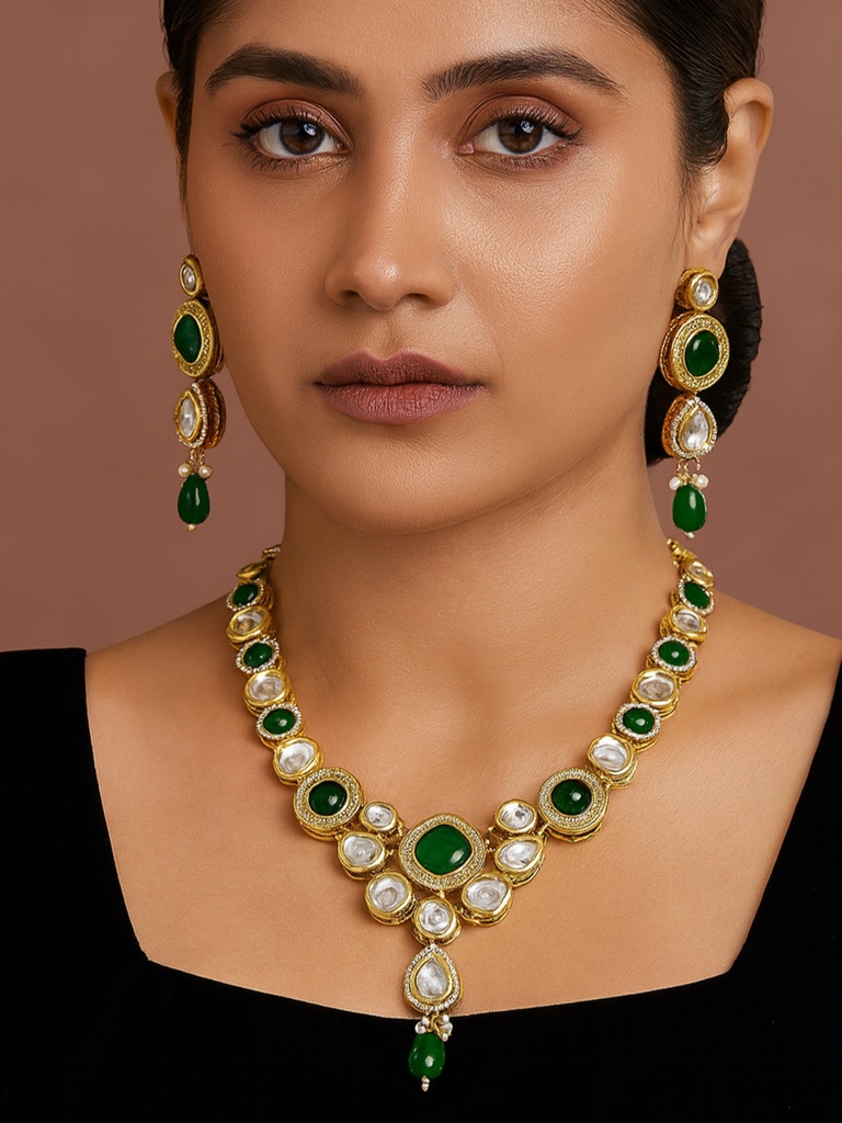 NS676 GREEN Kundan Necklace Earring Jewellery Set