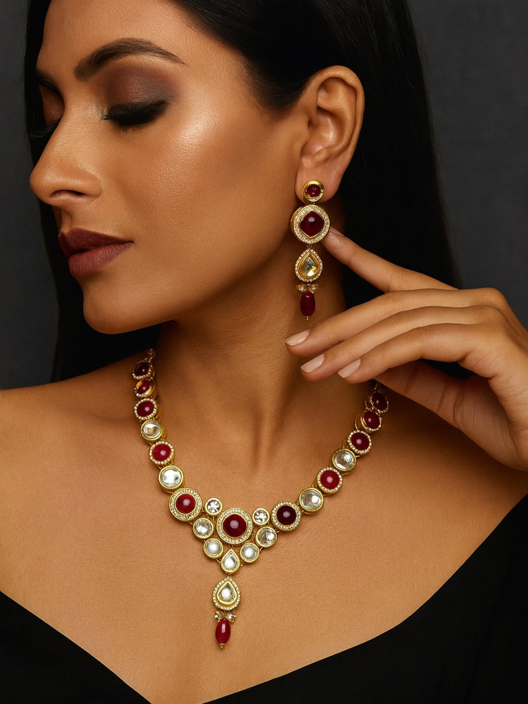 NS676 MAROON Kundan Necklace Earring Jewellery Set