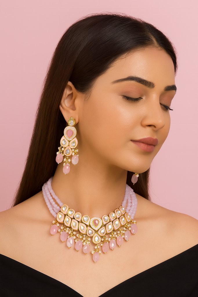 NS681 BABY PINK Kundan Necklace Earring Jewellery Set