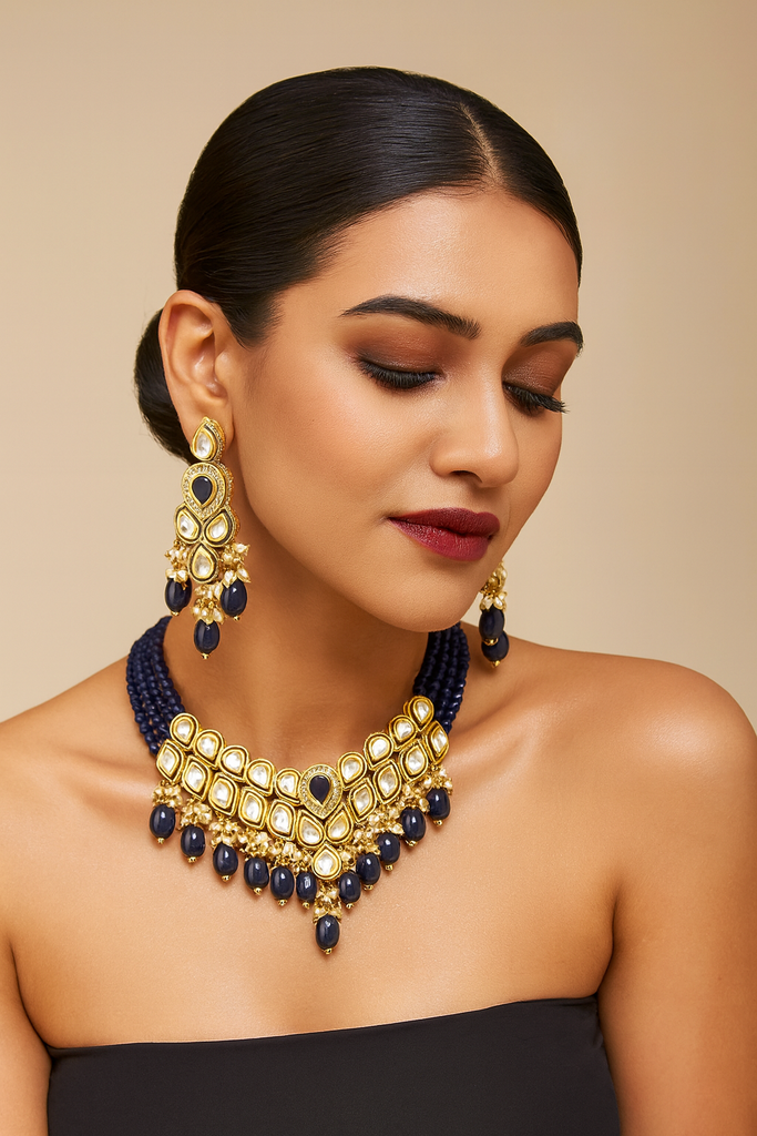 NS681 BLUE Kundan Necklace Earring Jewellery Set