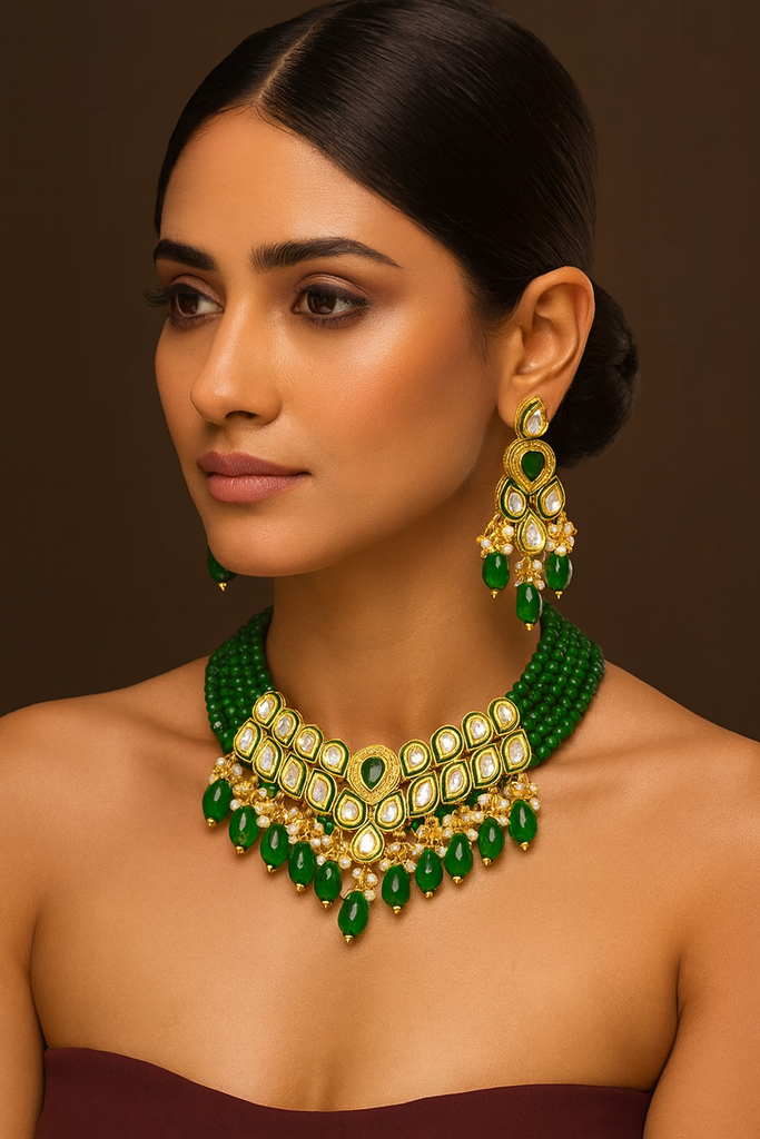 NS681 GREEN Kundan Necklace Earring Jewellery Set