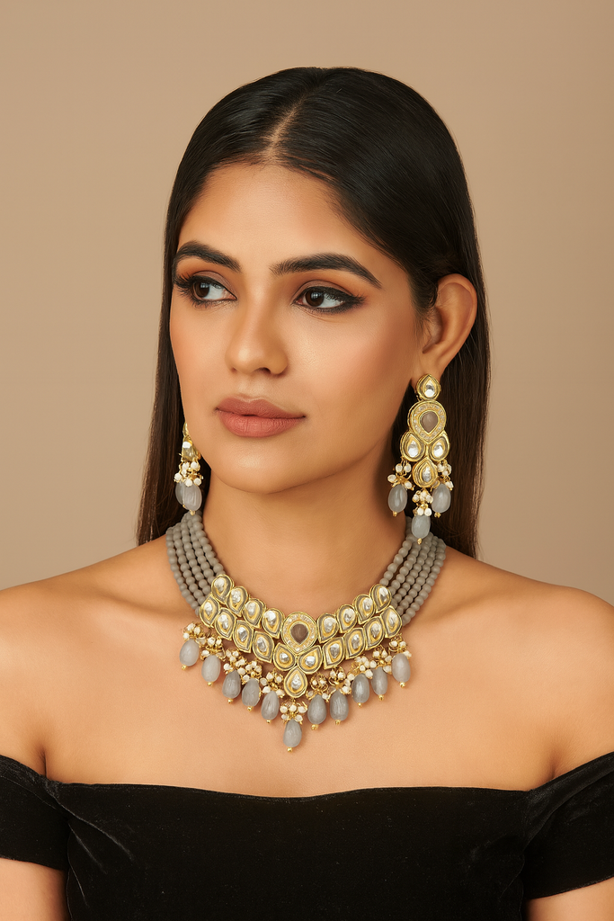 NS681 GREY Kundan Necklace Earring Jewellery Set