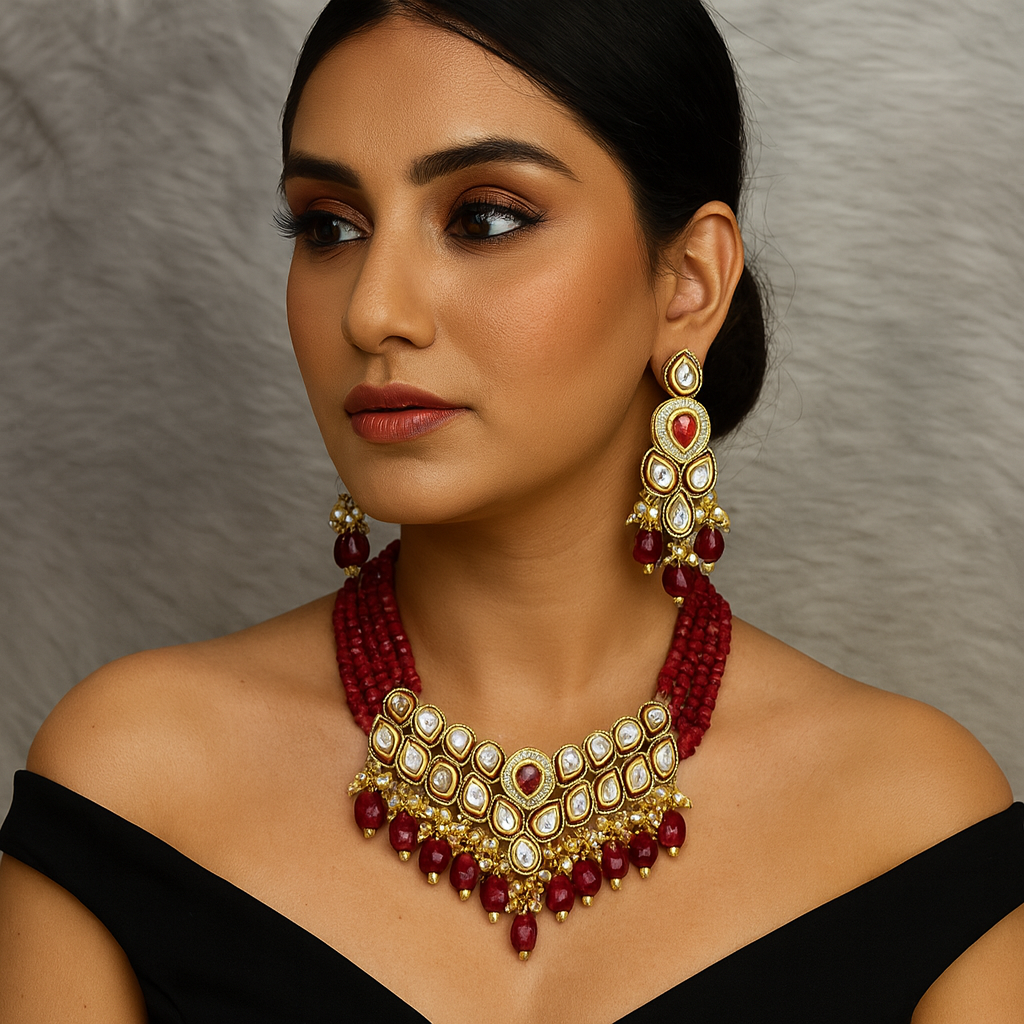 NS681 MAROON Kundan Necklace Earring Jewellery Set