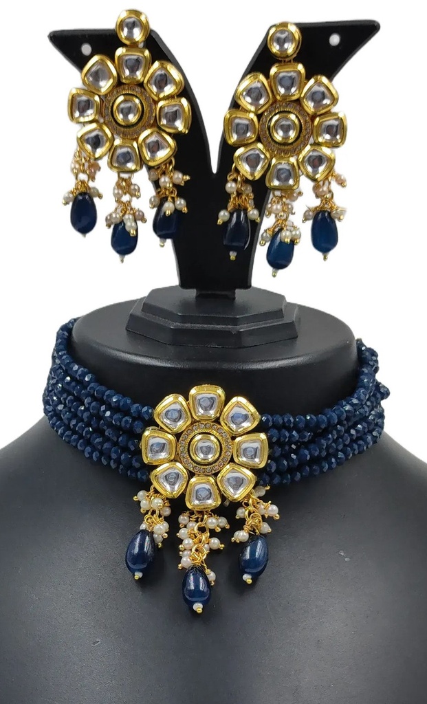 NS613 Blue Kundan Necklace Earring Jewellery Set