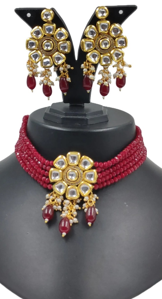 NS613 Maroon Kundan Necklace Earring Jewellery Set