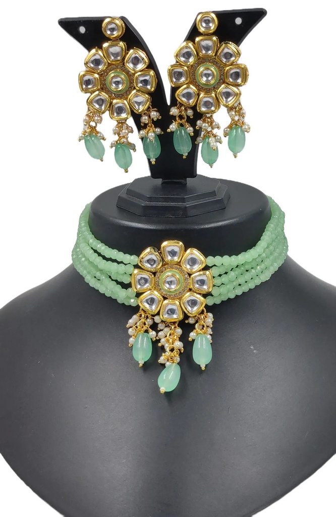 NS613 Mint Green Kundan Necklace Earring Jewellery Set