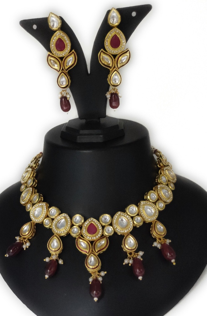 NS614 Maroon Kundan Necklace Earring Jewellery Set