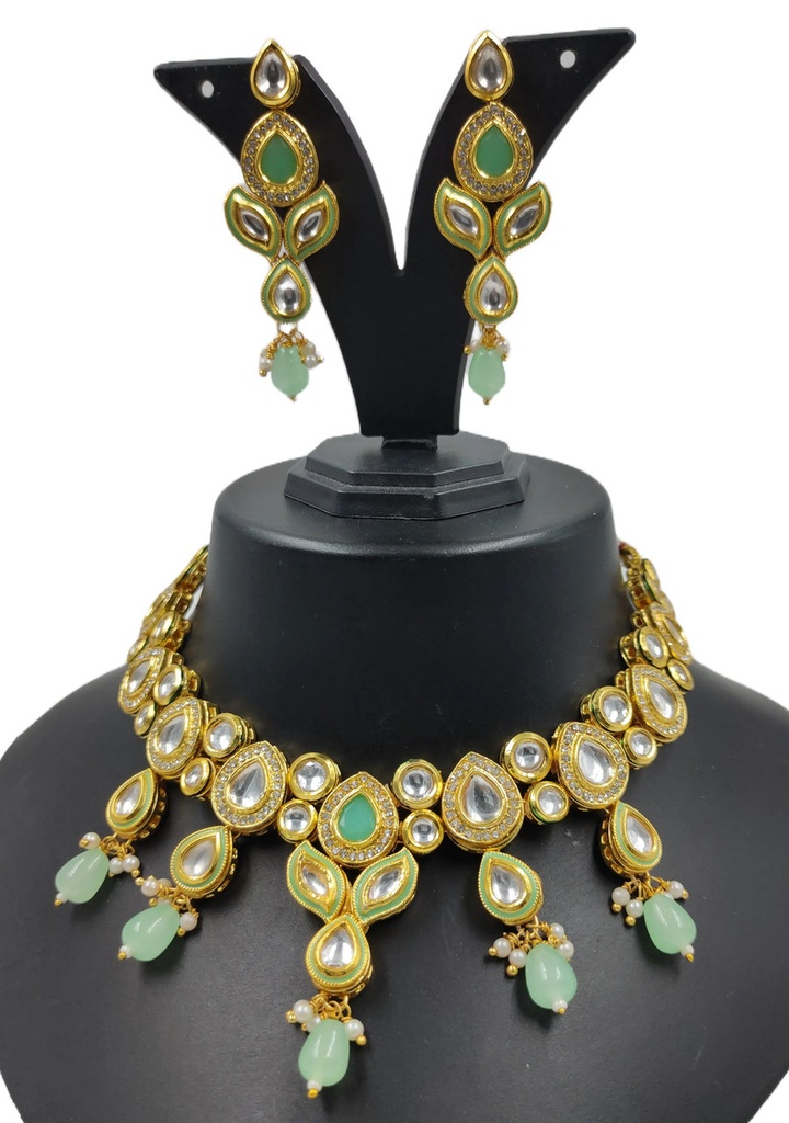 Flawless Cultural Ns614 Mint Green Kundan Necklace Earring Jewellery Set