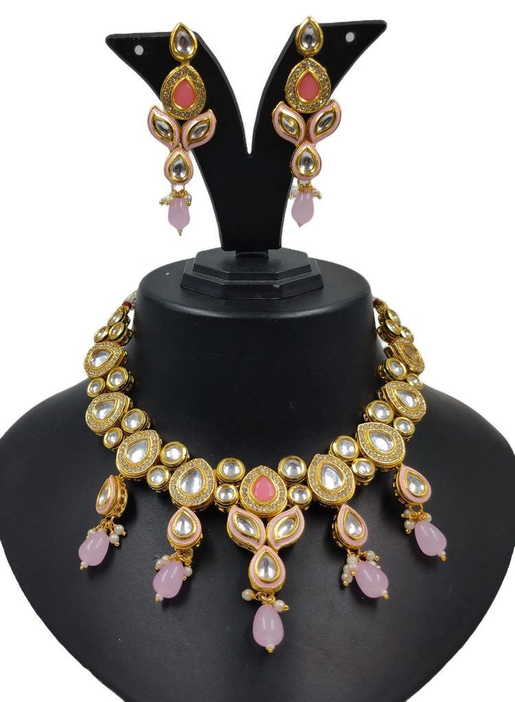 Enchanting Cultural Ns614 Baby Pink Kundan Necklace Earring Jewellery Set