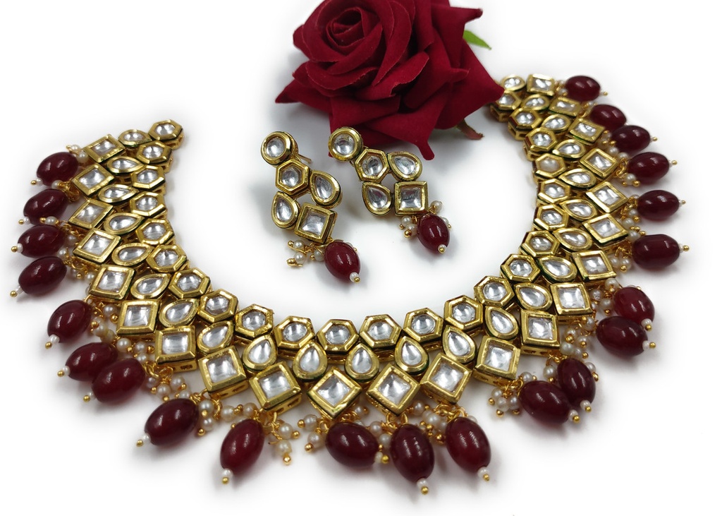 [NS615 Maroon] Ornate Cultural Ns615 Maroon Kundan Necklace Earring Jewellery Set