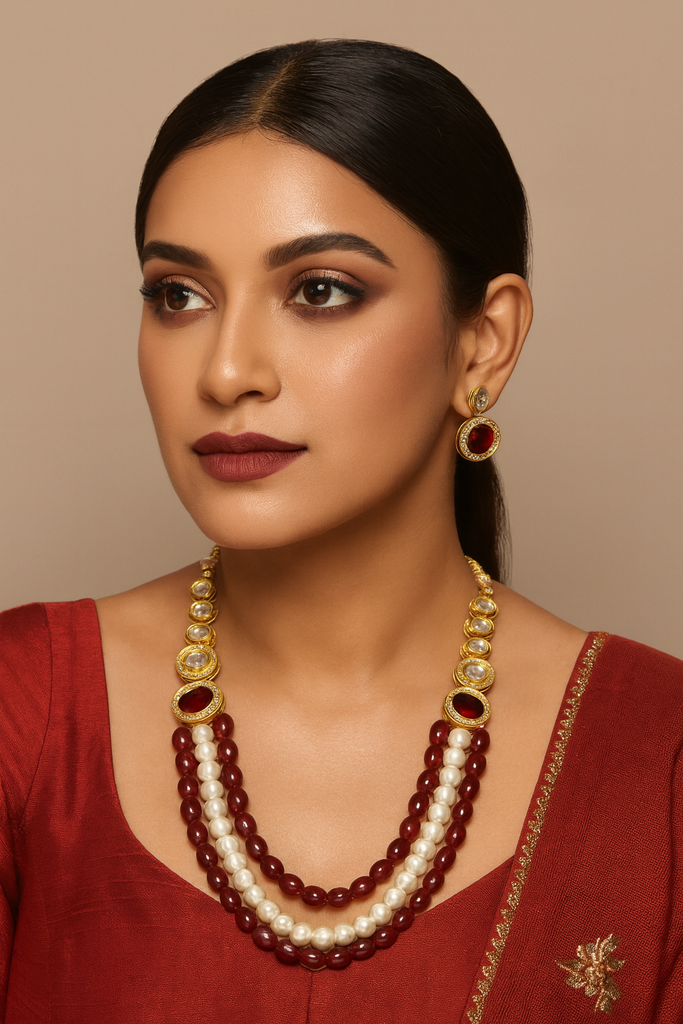 NS682 RED Kundan Necklace Earring Jewellery Set