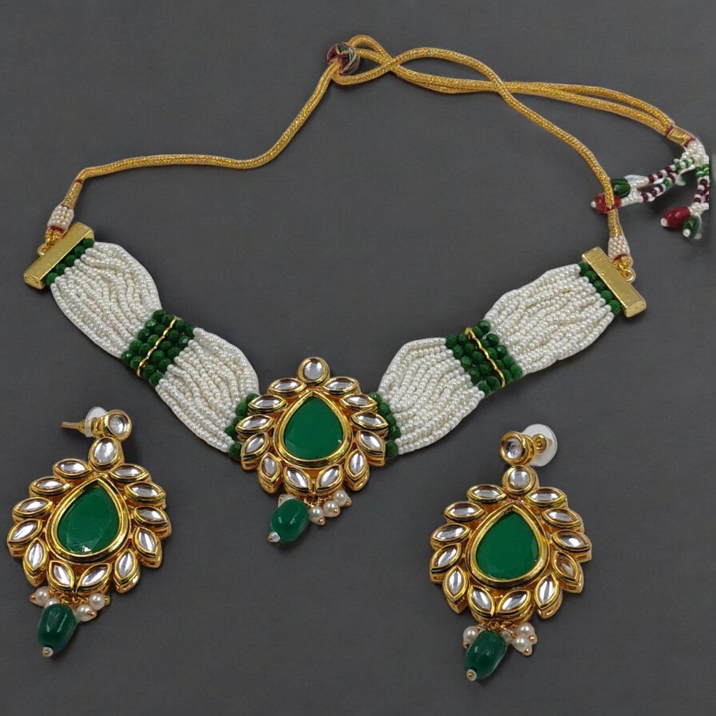 Resplendent Signature Ns109 Green Kundan Necklace Earring Jewellery Set