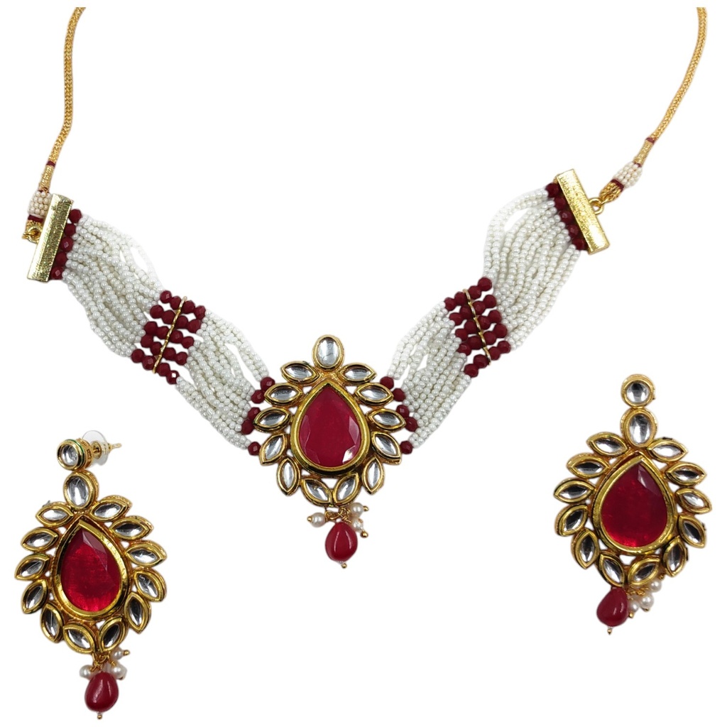 Lustrous Signature Ns109 Red Kundan Necklace Earring Jewellery Set