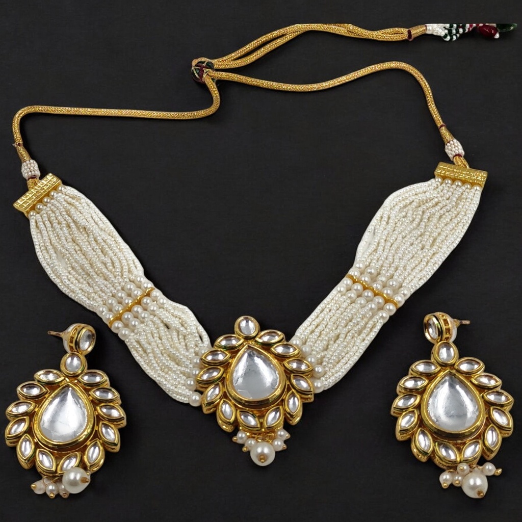 Vibrant Signature Ns109 White Kundan Necklace Earring Jewellery Set