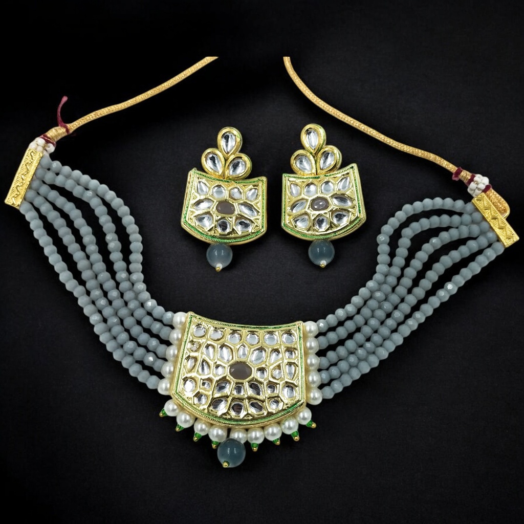 [NS237 GREY] Elegant Heritage Ns237 Grey Kundan Necklace Earring Jewellery Set